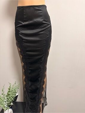 Black Lace-Panel Satin Maxi Skirt